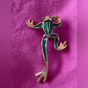 Gold-tone Green Enamel Frog Pin Brooch